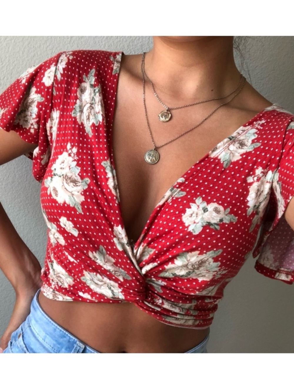Tilly’s H.I.P. Red Floral Twist-Front Women's Top